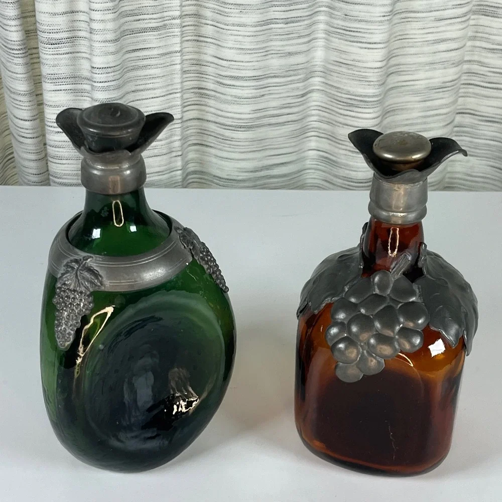 Vintage Decanter Set Green Amber Glass Italy OS Good Pewter Grape Overlay